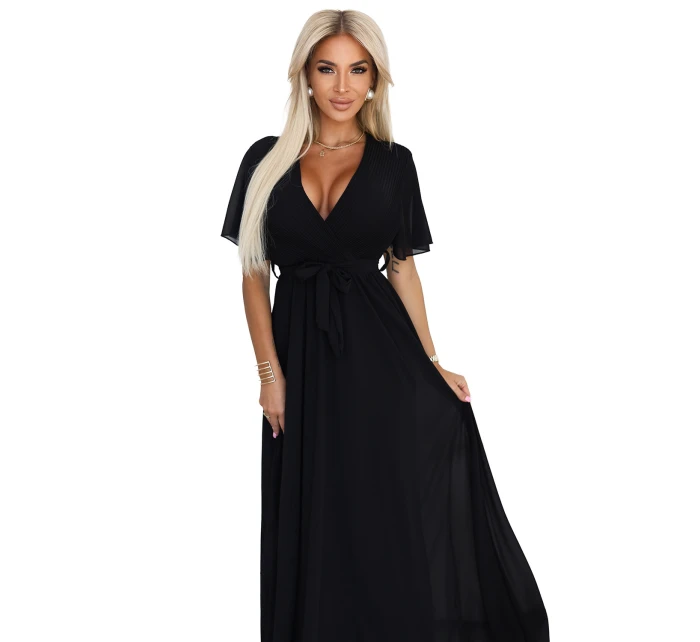 545-5 Dlouhé šaty se skládaným výstřihem a vázáním - ČERNÁ