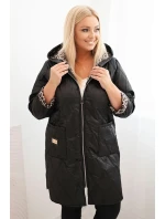 Dámská prošívaná bunda Plus Size s podšívkou v leopardím vzoru a kapucí černá
