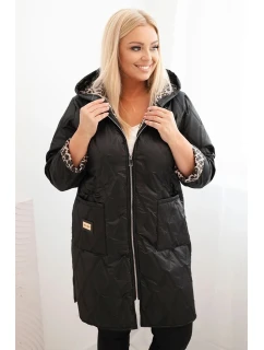 Dámská prošívaná bunda Plus Size s podšívkou v leopardím vzoru a kapucí černá