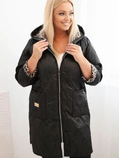 Dámská prošívaná bunda Plus Size s podšívkou v leopardím vzoru a kapucí černá
