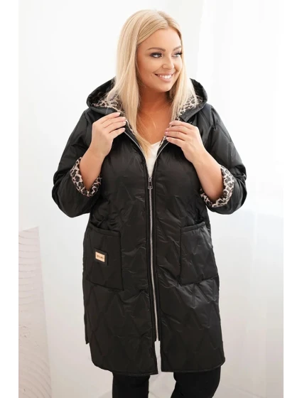 Dámská prošívaná bunda Plus Size s podšívkou v leopardím vzoru a kapucí černá