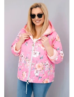 Dámská jarní prošívaná bunda Plus Size s kapucí a květinovým vzorem světle růžová