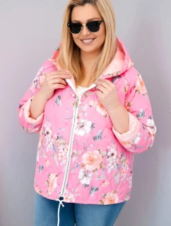 Dámská jarní prošívaná bunda Plus Size s kapucí a květinovým vzorem světle růžová