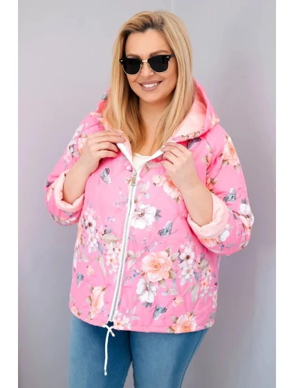 Dámská jarní prošívaná bunda Plus Size s kapucí a květinovým vzorem světle růžová
