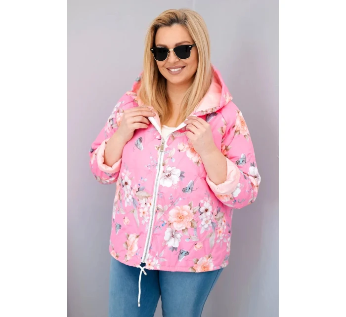 Dámská jarní prošívaná bunda Plus Size s kapucí a květinovým vzorem světle růžová