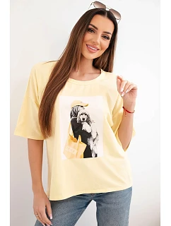 Dámská bavlněná oversize halenka s krátkým rukávem a módním potiskem žlutá