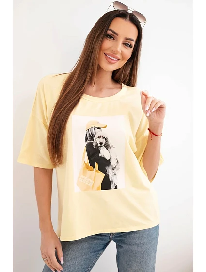 Dámská bavlněná oversize halenka s krátkým rukávem a módním potiskem žlutá