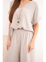 Komplet s náhrdelníkem halenka + kalhoty tmavě béžová