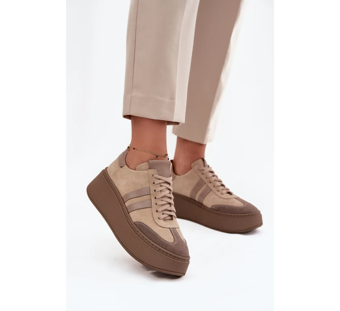 Kožené semišové dámské tenisky na platformě model 21713090 béžové - Zazoo