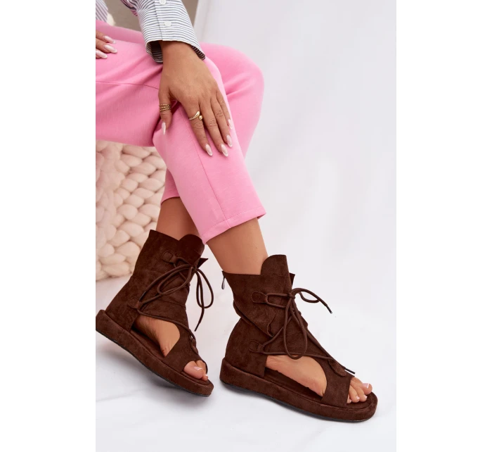 Dámské sandály Eko semiš s vysokým páskem a šněrováním Čokoládové Ferlisse