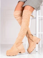 Jedinečné dámské kozačky hnědé na širokém podpatku Jedinečné dámské kozačky hnědé na širokém podpatku