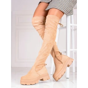 Jedinečné dámské  kozačky hnědé na širokém podpatku