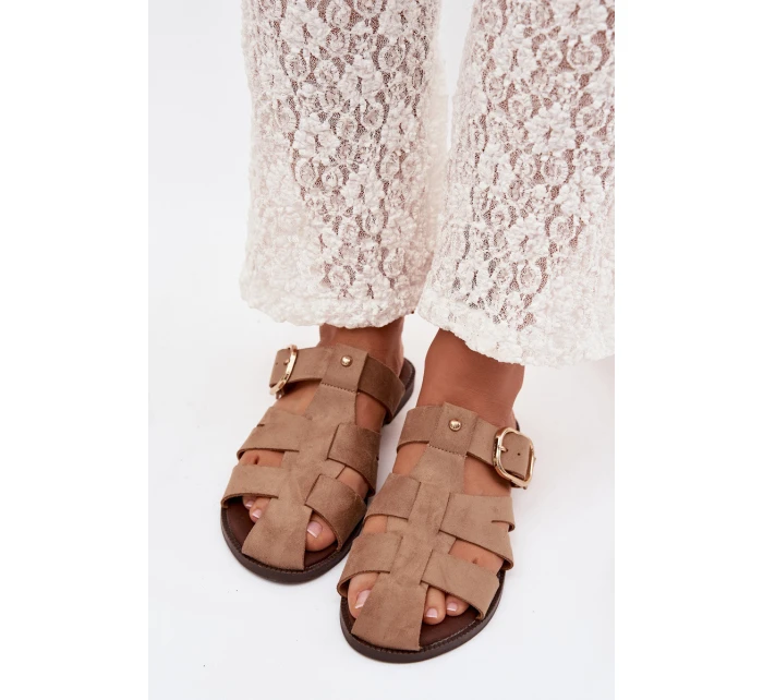 Dámské nazouváky na ploché podrážce s pásky a zlatou sponou Bežové Elzora