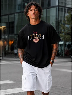 Pánské bavlněné tričko oversize s potiskem černé FashionStreet NX1008R
