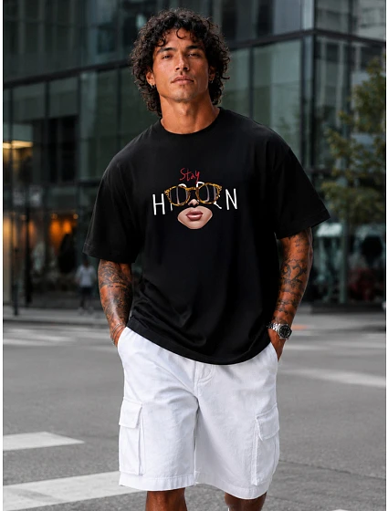 Pánské bavlněné tričko oversize s potiskem černé FashionStreet NX1008R Pánské bavlněné tričko oversize s potiskem černé FashionStreet NX1008R