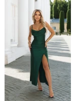 638-2 Dlouhé korzetové saténové šaty s rozparkem na nohou - lahvově zelené