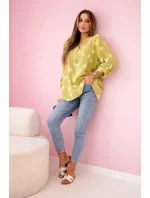 Lněná dámská halenka s květinovým vzorem, dlouhými rukávy a knoflíky kiwi