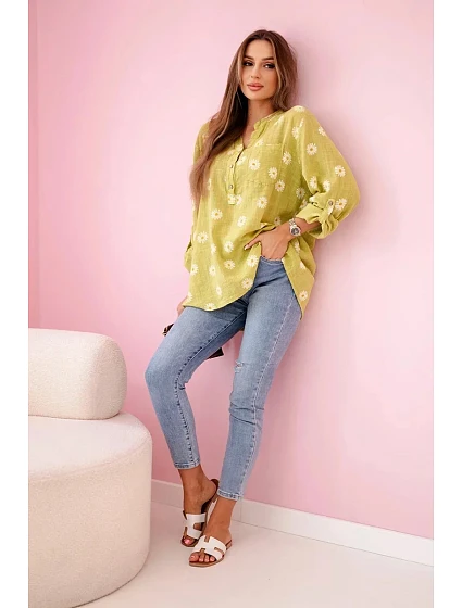 model 22250367 dámská halenka s květinovým vzorem, dlouhými rukávy a knoflíky kiwi - K-Fashion