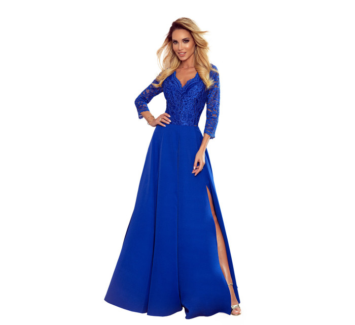 Elegantní dlouhé šaty s krajkovým výstřihem Numoco AMBER - modré
