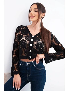 Dámský letní krajkový svetr s knoflíky a dlouhým rukávem černý