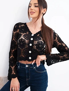 Dámský letní krajkový svetr s knoflíky a dlouhým rukávem černý