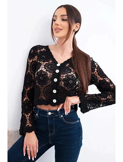 Dámský letní krajkový svetr s knoflíky a dlouhým rukávem černý