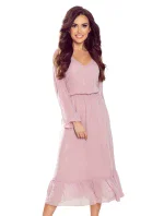 Dámské šifonové midi šaty ve špinavě růžové barvě s výstřihem a volánkem 304-1