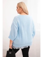 Dámský komplet svetr s výstřihem do V a viskózová blůza s krajkovým lemem modrý Dámský komplet svetr s výstřihem do V a viskózová blůza s krajkovým lemem modrý