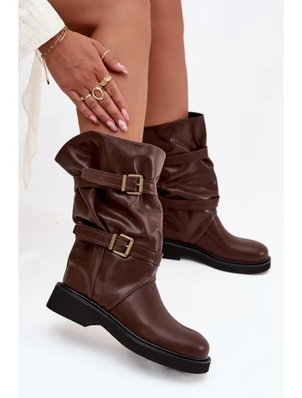 Dámské kozačky ke kolenům s pásky a sponami Halvessa – hnědé