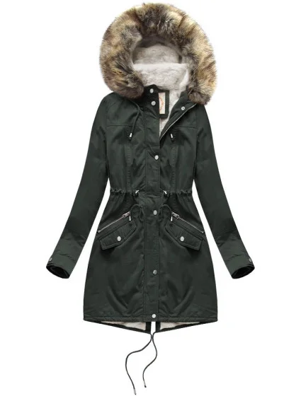 Dámská zimní bunda parka v army barvě s kožešinovou podšívkou a s kapucí model 21242006 - Libland