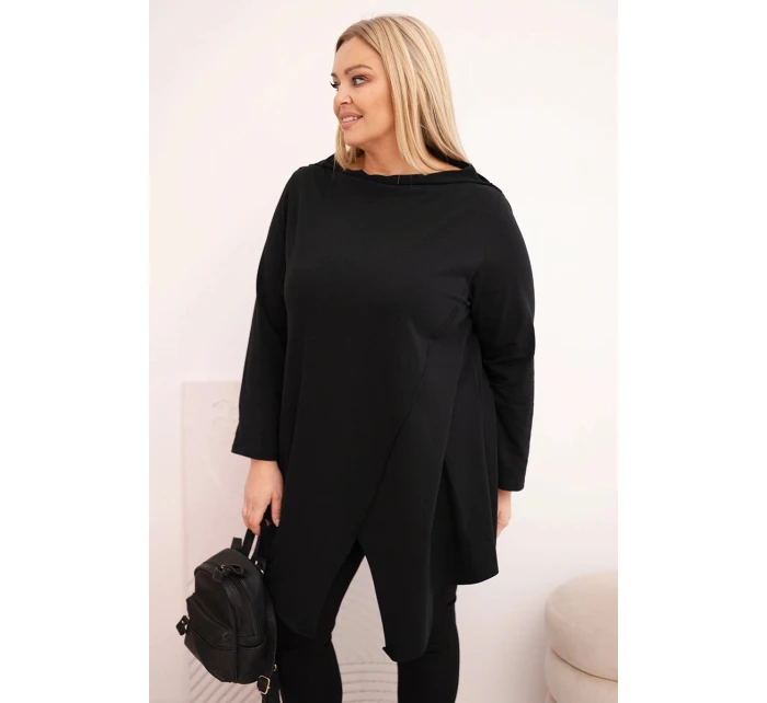 Dámská bavlněná blůza Plus Size asymetrická s ohrnovacím rukávem černá Dámská bavlněná blůza Plus Size asymetrická s ohrnovacím rukávem černá