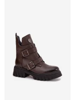 Kožené zateplené dámské boty s přezkami a ozdobným detailem model 21707567 čokoládové - Zazoo