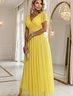 562-8 NASTIA Dlouhé šaty s výstřihem, kosticemi a krátkými rukávy - lemon limoncello