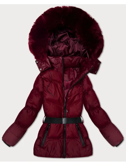 Zimní bunda ve vínové bordó barvě s kapucí a s opaskem J Style (5M3322-1)
