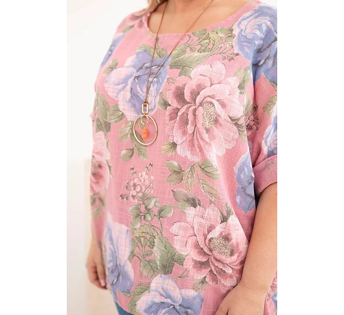 Dámská bavlněná halenka Plus Size s krátkým rukávem a květinovým vzorem tmavě růžová