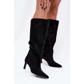 Dámské kozačky z eko semiše nazouvací na černé model 21770297 - Boto Dámské kozačky z eko semiše nazouvací na černé model 21770297 - Boto