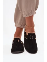 Dámské nazouvací pantofle s kožešinou a přezkou Sylisse – černé
