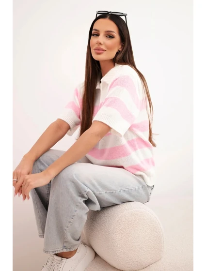 Dámský pruhovaný svetr s límcem a krátkým rukávem ecru