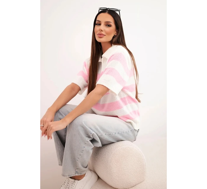 Dámský pruhovaný svetr s límcem a krátkým rukávem ecru