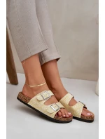 Materiálové pantofle na korkové podrážce s přezkami žluté Atera Materiálové pantofle na korkové podrážce s přezkami žluté Atera