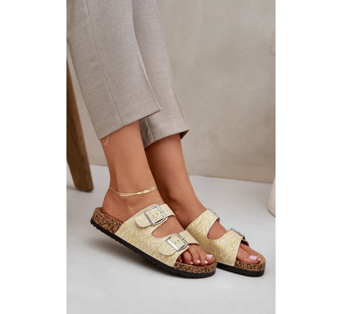 Materiálové pantofle na korkové podrážce s přezkami žluté Atera Materiálové pantofle na korkové podrážce s přezkami žluté Atera