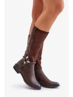 Zateplené Kozačky Na Plochém Podpatku S Přezkou Hnědé model 21881041 - Kesi