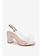 Sandály na podpatku s krystaly síťovaná mašle D&A MR61-9010 Stříbrné