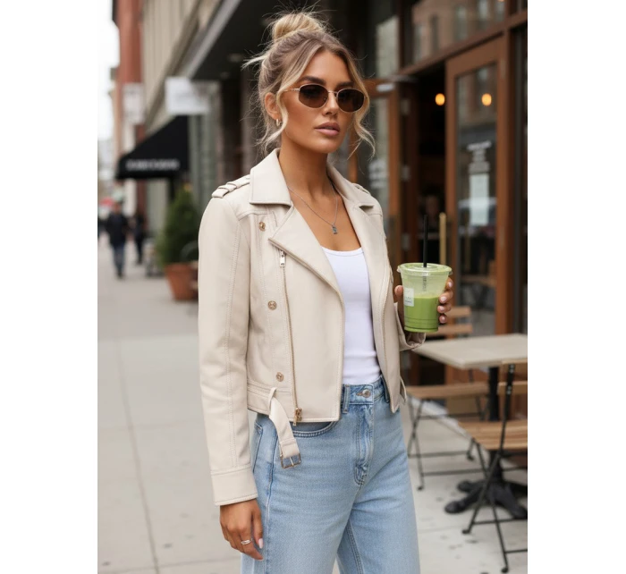 Ramoneska damska skórzana z zamkami beżowa FashionStreet TY5643