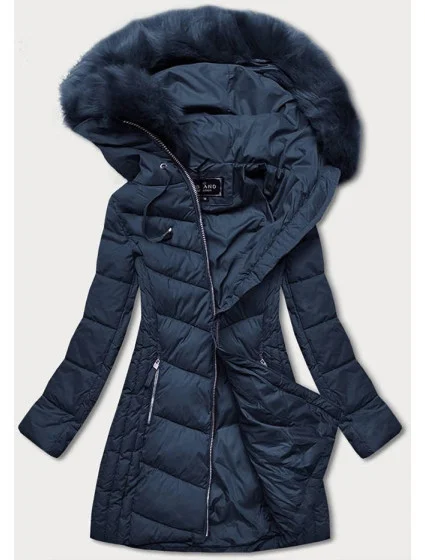 Tmavě modrá dlouhá dámská prošívaná zimní bunda (7689)