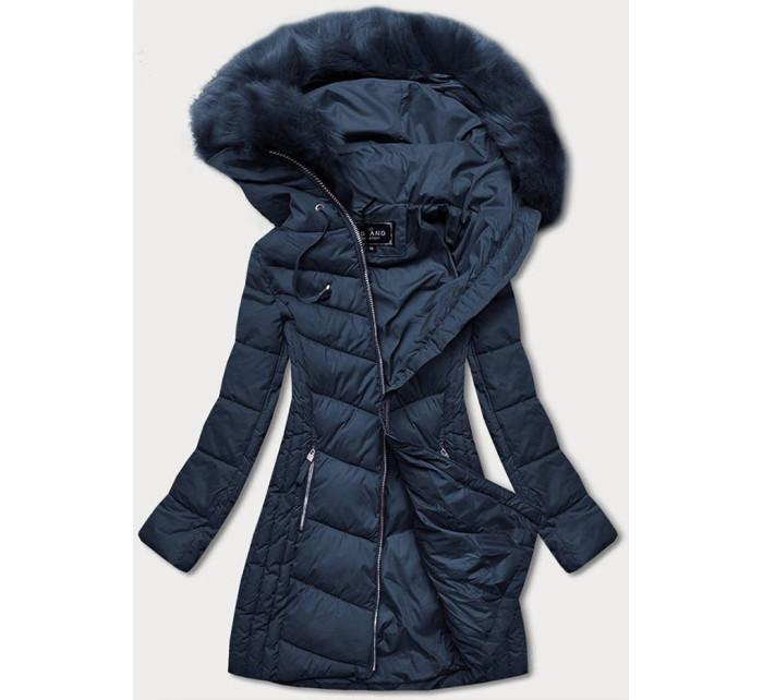 Tmavě modrá dlouhá dámská prošívaná zimní bunda (7689)