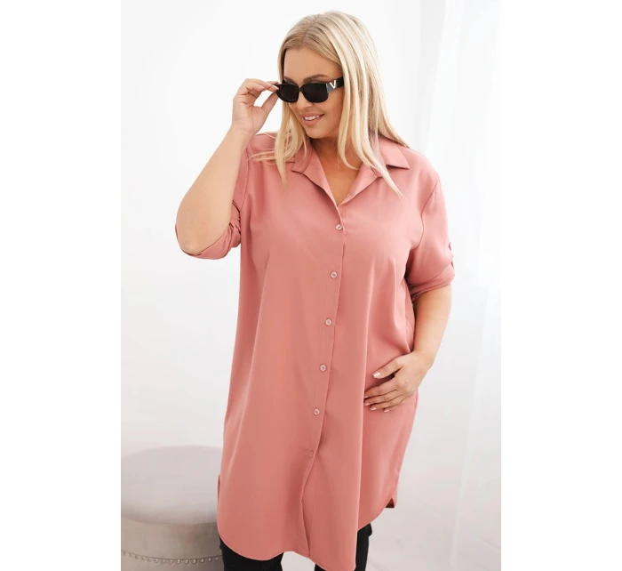 Dámská košilová šaty Plus Size s delším zadním dílem a model 21428151 rukávy tmavě pudrově růžová - K-Fashion