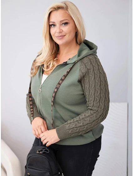 Dámská bavlněná mikina Plus Size s pletenými rukávy a kapucí khaki Dámská bavlněná mikina Plus Size s pletenými rukávy a kapucí khaki