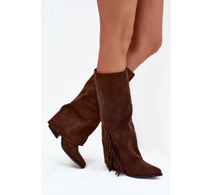 Dámské nazouvací kovbojky Zalia na sloupkovém podpatku s třásněmi – hnědé