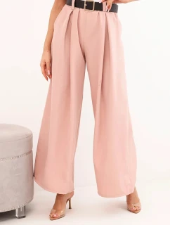 Dámské kalhoty s širokou nohavicí a páskem tmavě pudrově růžové